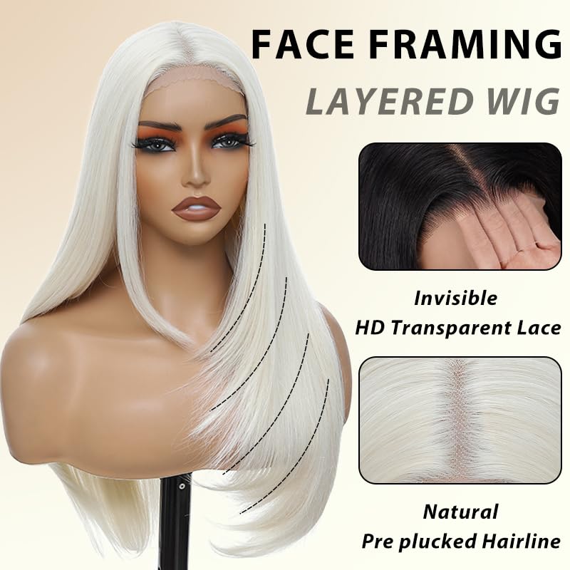 Synthetic Lace Front Wig 5x4x1 Platinum Blonde Wig for Black Women 26 Inch HD Lace Hand Tied Pre Plucked Long Straight Wigs for Beginner Friendly (Platinum Blonde)