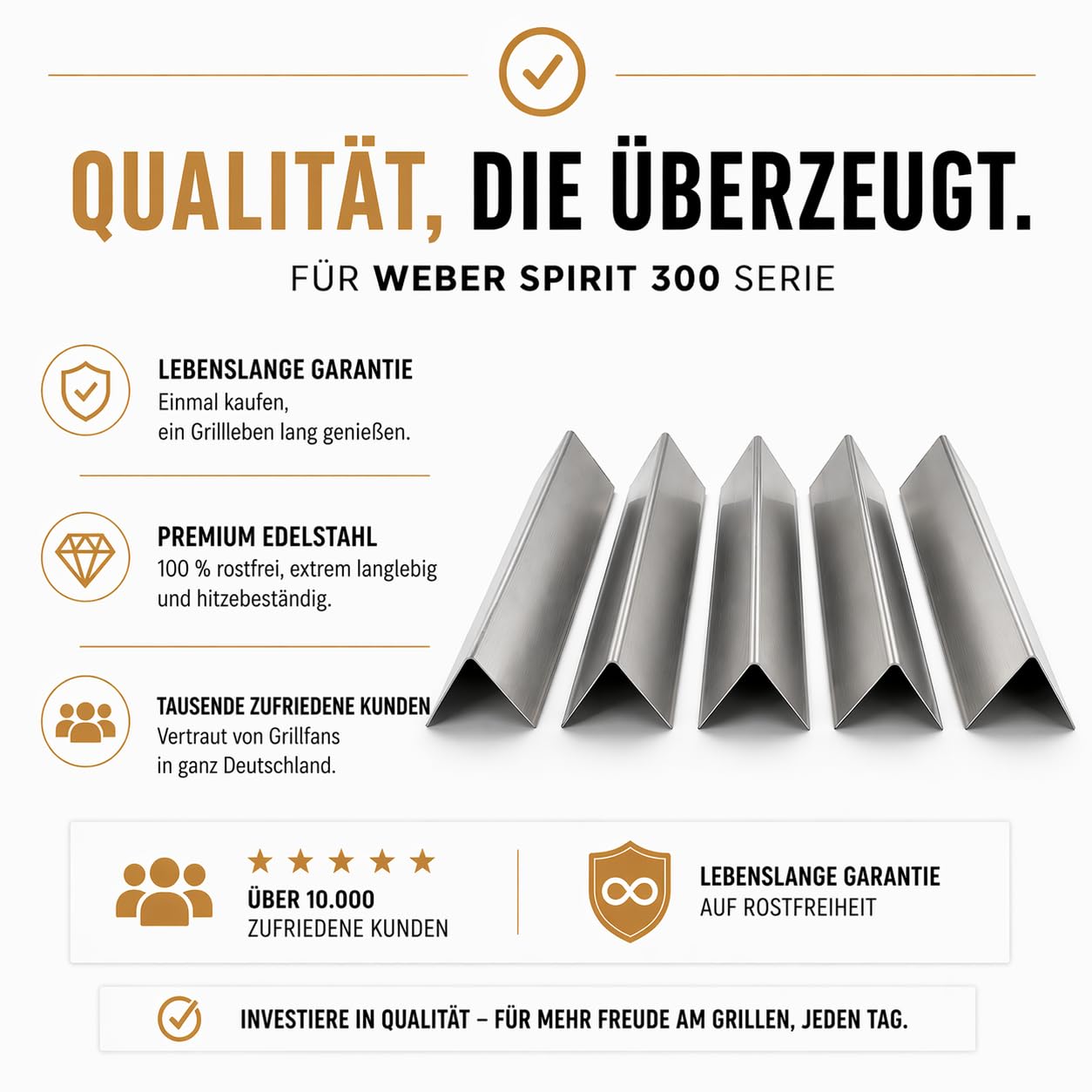 Generisch Premium Aromaschienen für Weber Spirit 300 Serie (E310, E320, E330) | 5er Set Edelstahl | Rostfrei 100% Passgenau ab 2013 | Flavorizer Brennerabdeckungen