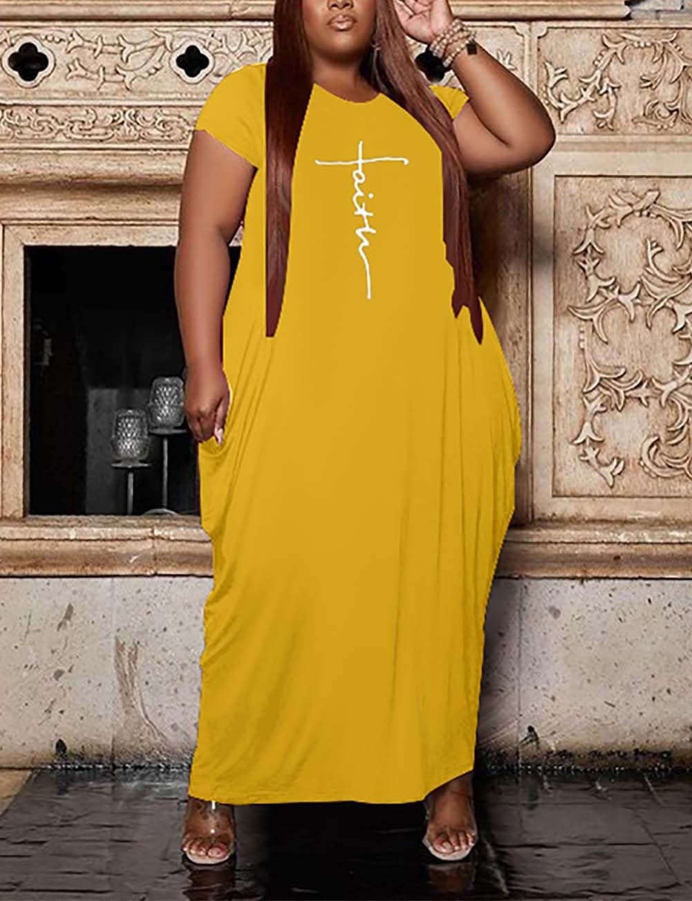 Fooullaide Women Casual Plus Size Dress Summer Short Sleeve V Neck T Shirt Loose Oversize Flowy Long Dresses with Pocket - Image 2