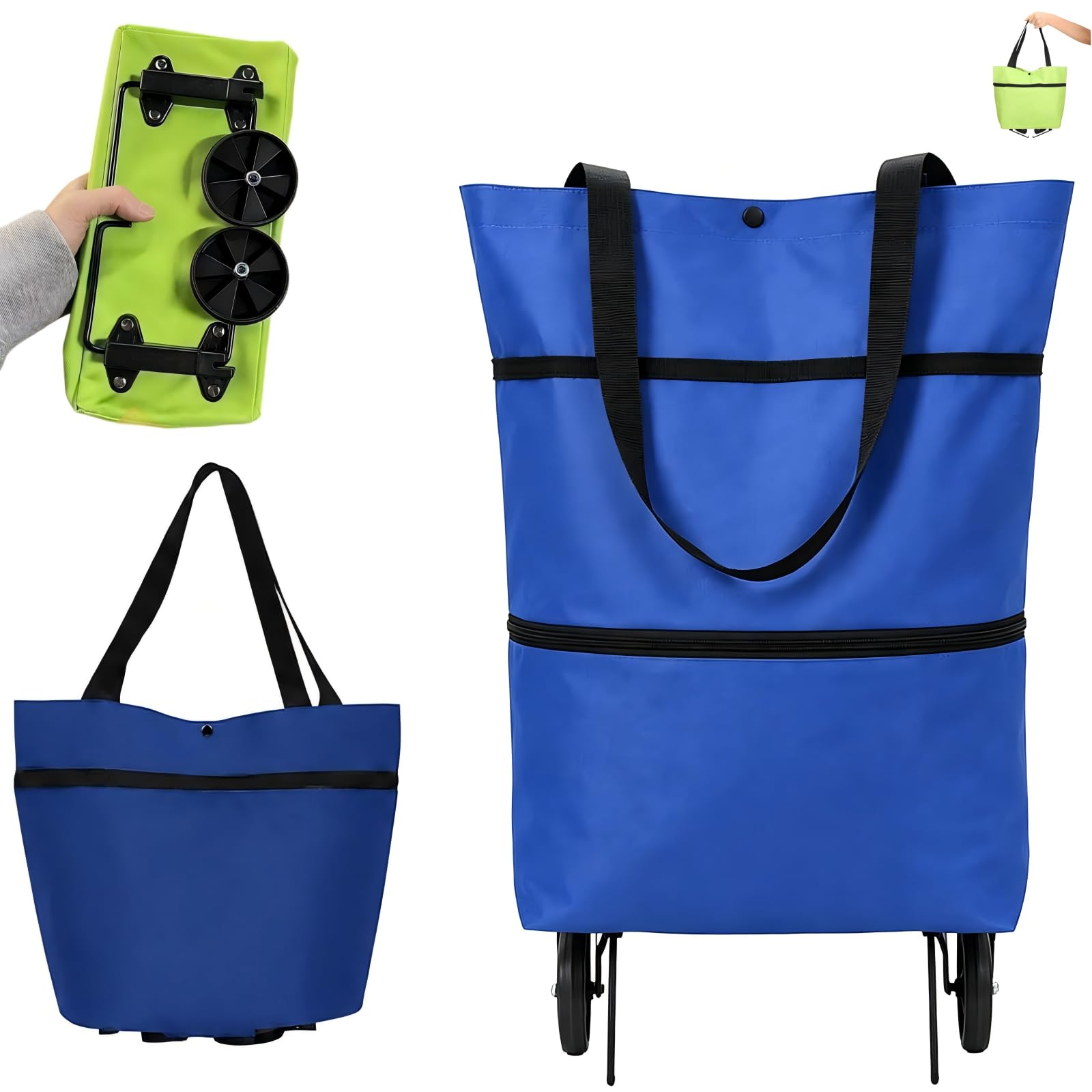 2-in-1 Foldable Shopping Bag with Wheels, Collapsible Rolling Shopping Cart