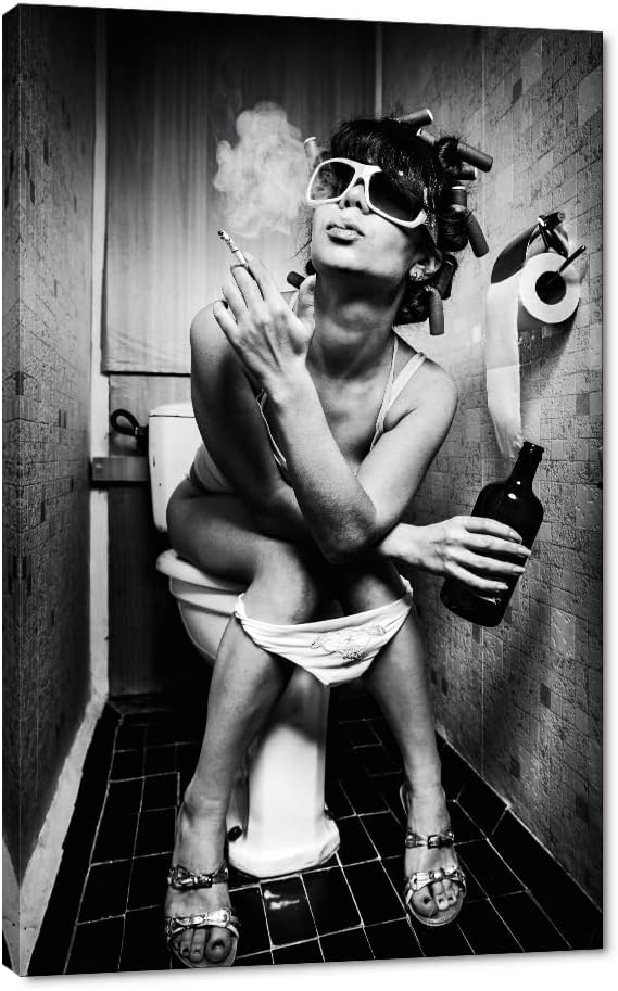 White and Black Fashion Sexy Woman Picture for Bedroom Smoking Girl Sitting in A Toilet with An Alcohol Bottle Painting Prints Sexy Canvas Wall Art Ready to Hang for Bedroom Decor - 28''W x 44''H