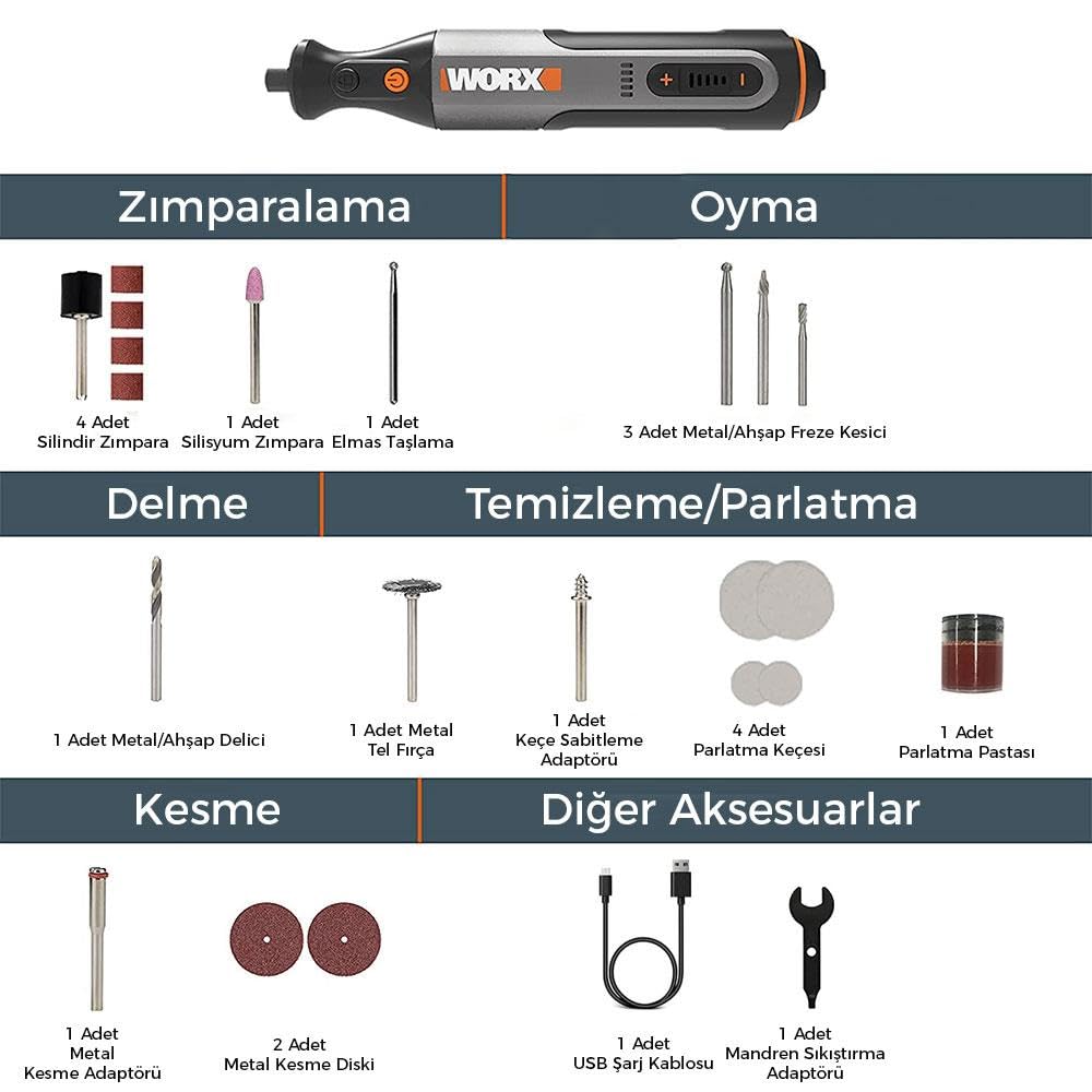 WORX WX106 - Macchina professionale per incidere con variatore di velocità, 8 V, 21 accessori
