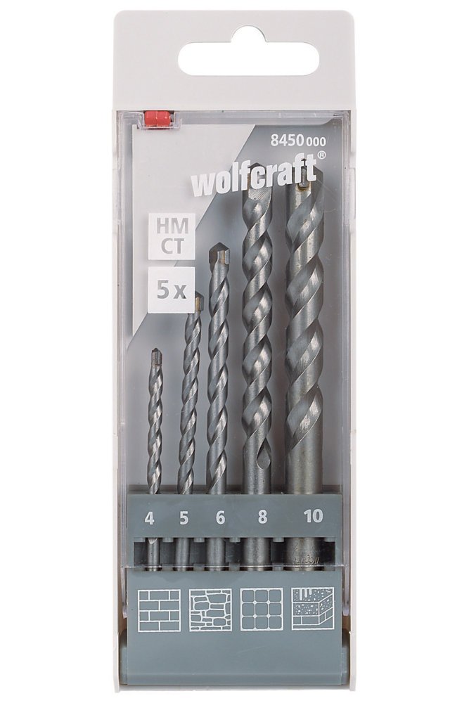 wolfcraft Juego de brocas para piedra con filo de carburo de tungsteno, Ø 4-10 mm, 5 piezas I 8450000 I Para taladrar paredes de ladrillo, piedra natural y piedra artificial