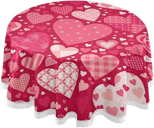aportt Mantel redondo para el día de San Valentín de 60 pulgadas, color rosa y rojo, con corazones, mantel de encaje resistente al agua, a prueba de
