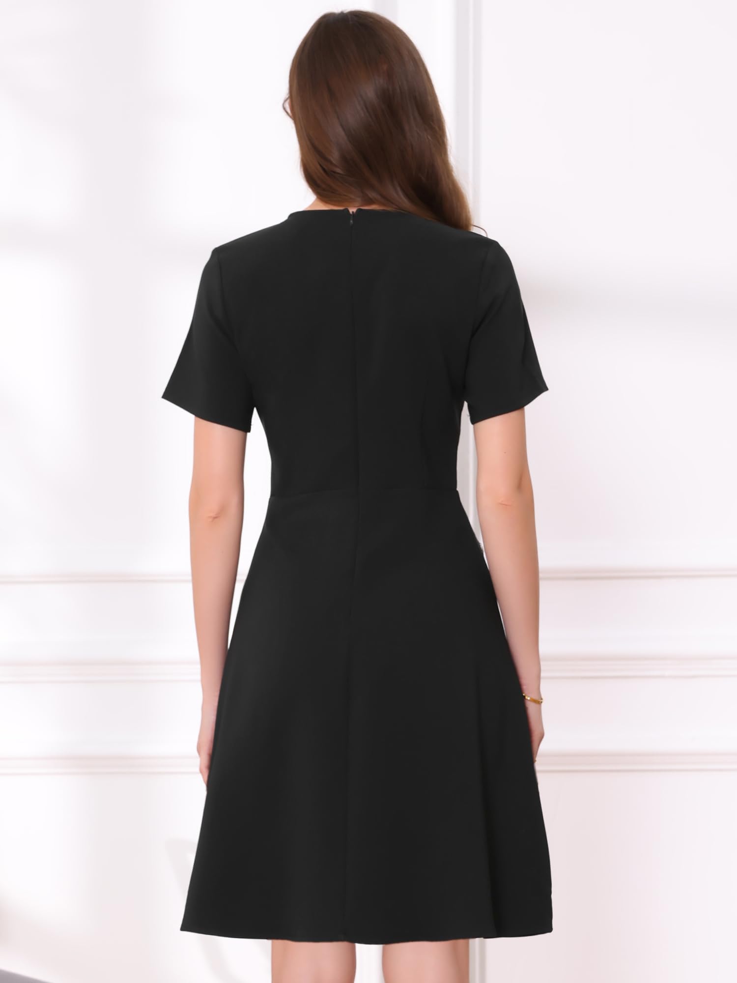 Allegra K Robe de Travail pour Femme Col en V Manches Courtes Bordure en Tweed Robe Trapèze de Bureau Élégante