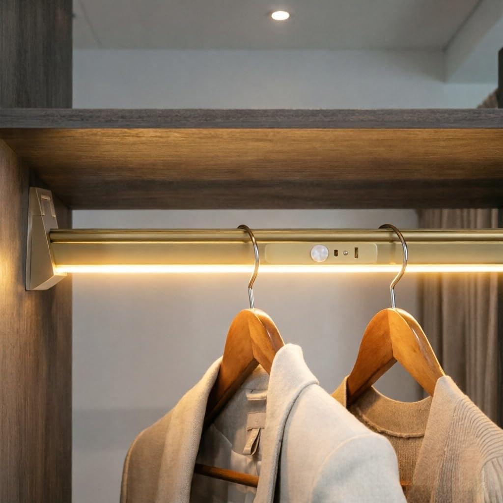 40-140cm Clothes Rail With LED Light, Clothes Rail Wardrobe Closet Rod With Light, LED Lights Built-in Lithium Battery Wardrobes Rods, Load 50kg(500mm)