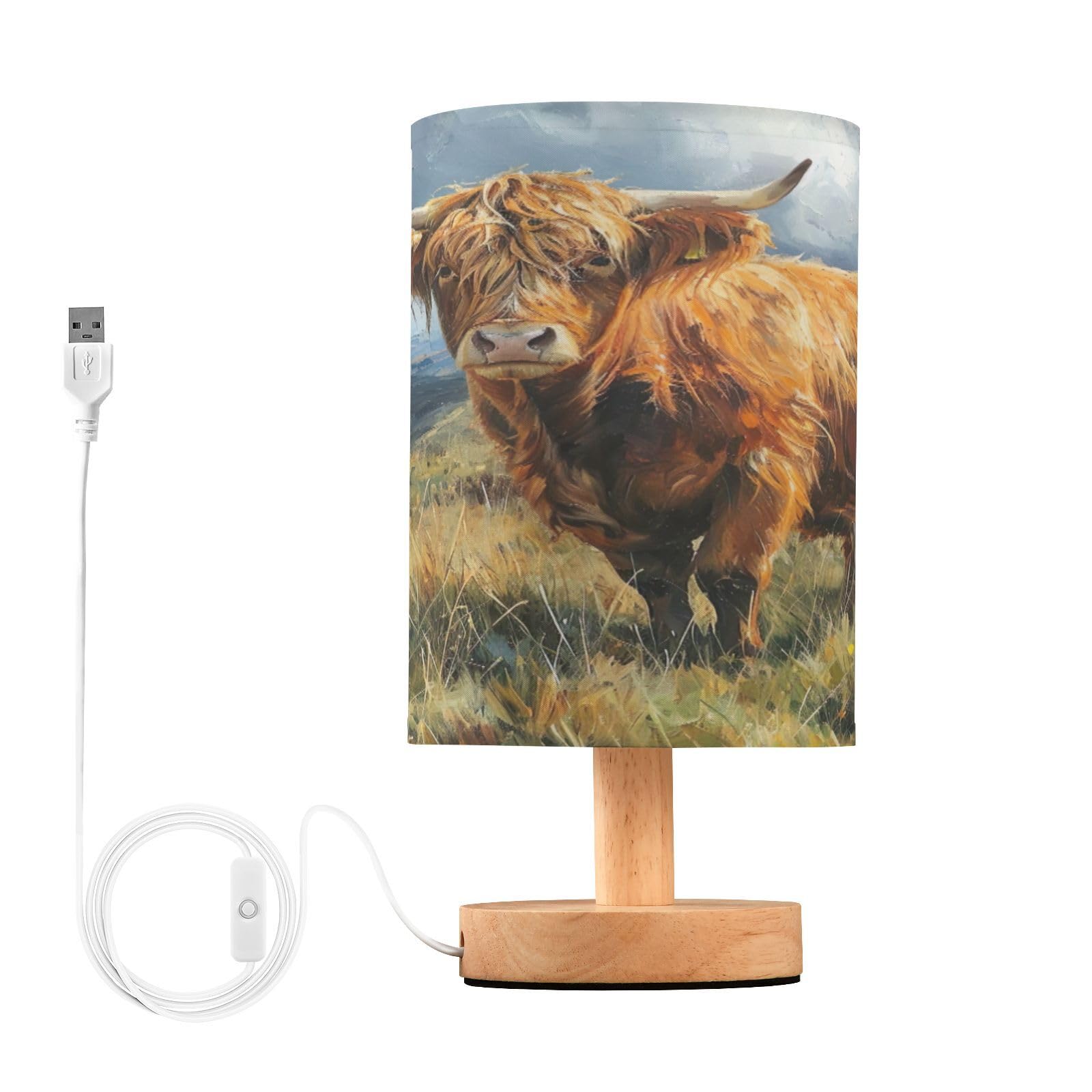 SDMKA Highland Cattle Pattern Bedside Table Lamp for Bedroom, Minimalist Nightstand Lamp with Round Fabric Shade for Living Room, Office, No Bulb Required