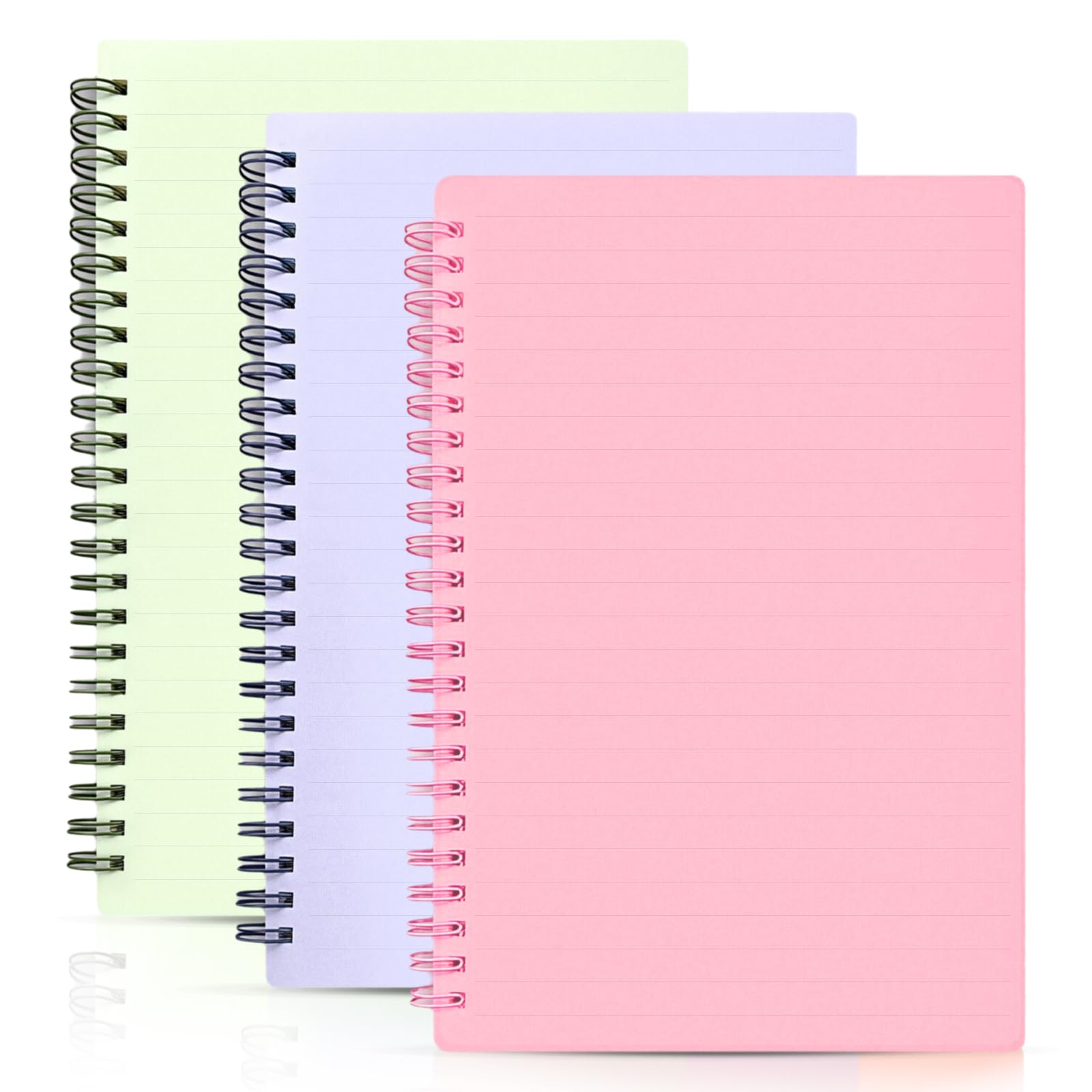 AmzDaKai A5 Notebook 3 PCS, Spiral Notebook A5, Wirebound Notebooks, Side-Opening Writing Pad, 8mm Lined with Margin, 80 Sheets / 160 Pages for Students & Office, Pink&Green&Purple