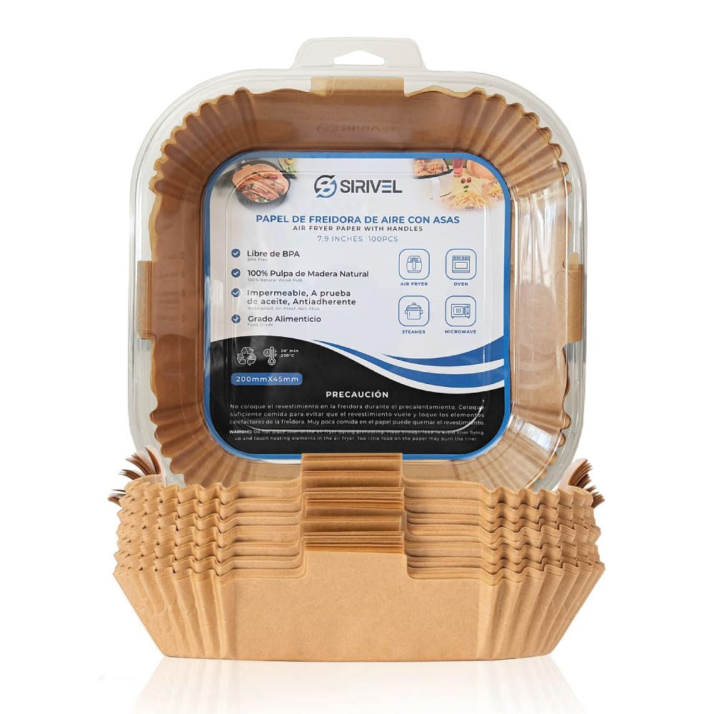SIRIVEL Papel de Freidora de Aire con Asas, 100% Natural y Sin BPA, 100 Uds, 40g Grueso, 20-24 cm, Anti-Adherente, para Freidoras 5-7L Cuadradas (PC-20)