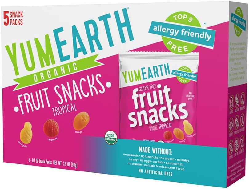 YumEarth Organic Assorted Tropical Flavor Fruit Snacks - Allergy Friendly (Top 9 Free), No Artificial Dyes or Flavors, Non GMO, Gluten Free, Vegan Candy Snacks - 0.7 Ounce (Pack of 5)