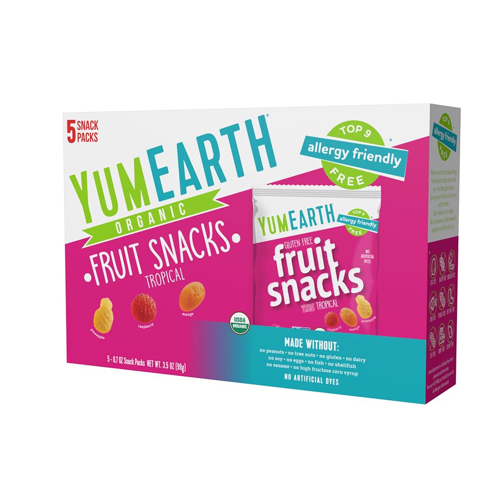 YumEarth Organic Assorted Tropical Flavor Fruit Snacks – Allergy Friendly (Top 9 Free), No Artificial Dyes or Flavors, Non GMO, Gluten Free, Vegan Candy Snacks – 0.7 Ounce (Pack of 5)