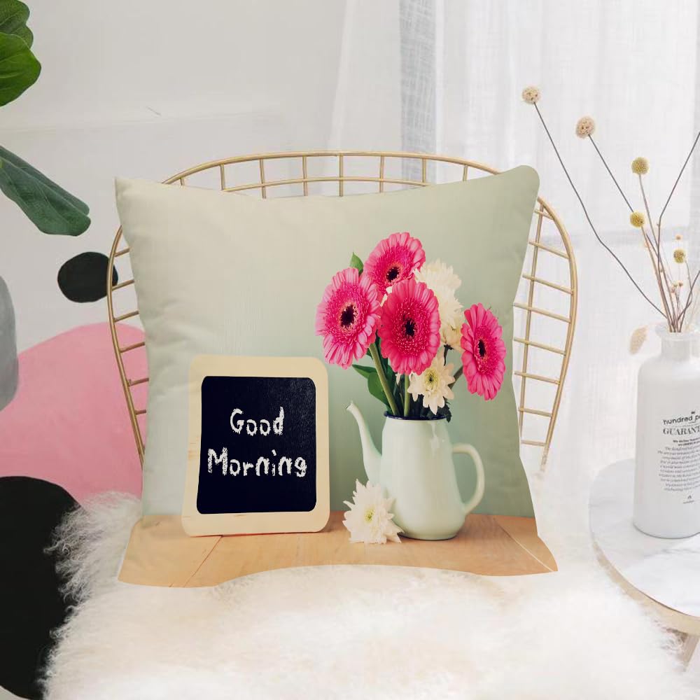 HYOSXW Cushion Cover,Throw Pillow Case Home Decorative for Living Room Bedroom Sofa Chair 16X16 Inch,Quote, blackboard with the phrase Good Morning written about it next to vase wi,Pillowcase 40X40cm