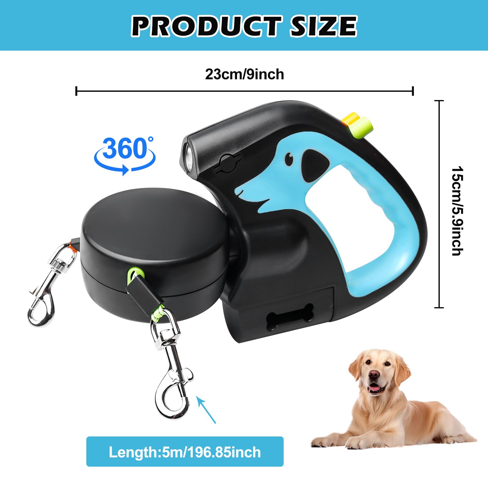 Doble correa retráctil para perros, correa enrollable con luz LED, doble correa extensible para perros de 3 m, flexible, mango antideslizante, botón de freno rápido para perros pequeños y medianos