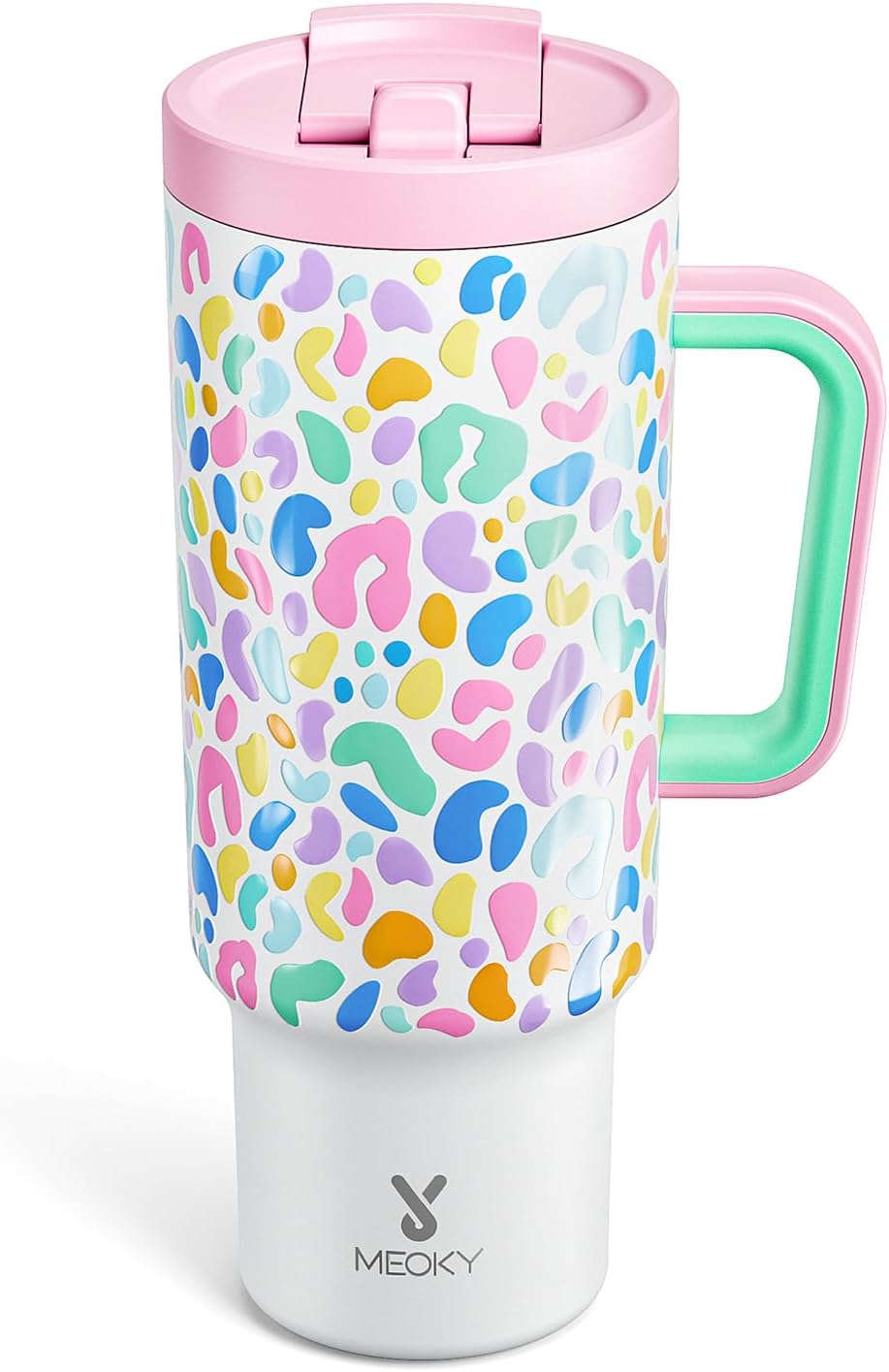 Meoky 40 oz Tumbler with Handle and Flip Straw, 100% Leakproof Tumbler with Lid and Straw, Stainless Steel Insulated Cup, Cupholder Friendly, Keeps Cold for 34 Hours (Leopard)