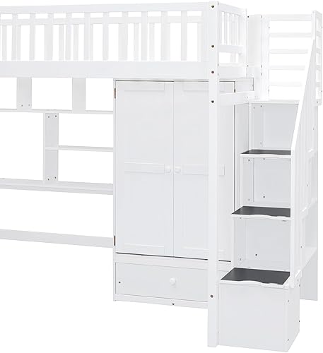 Miniatura 6 de Twin Size Loft Bed Wood Bed Frame with Bookshelf Drawers Desk and Wardrobe White