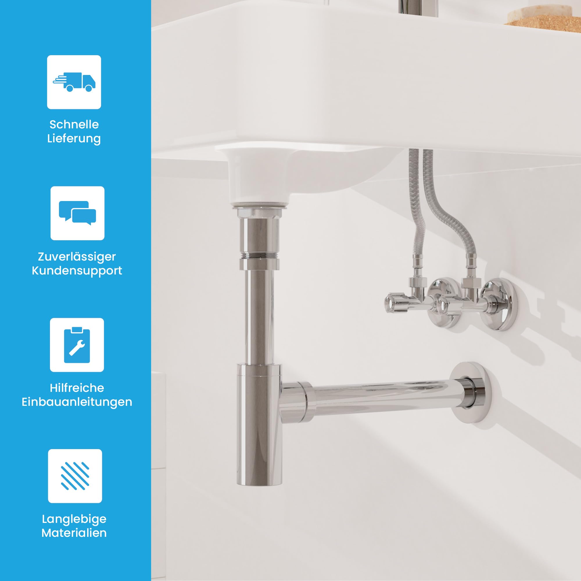 Bächlein Design Siphon Universal für Waschbecken & Waschtisch - Abflussgarnitur passgenau - Geruchsverschluss mit Reinigungsöffnung + Einbauanleitung - Designsiphon Ablaufgarnitur Röhrensiphon