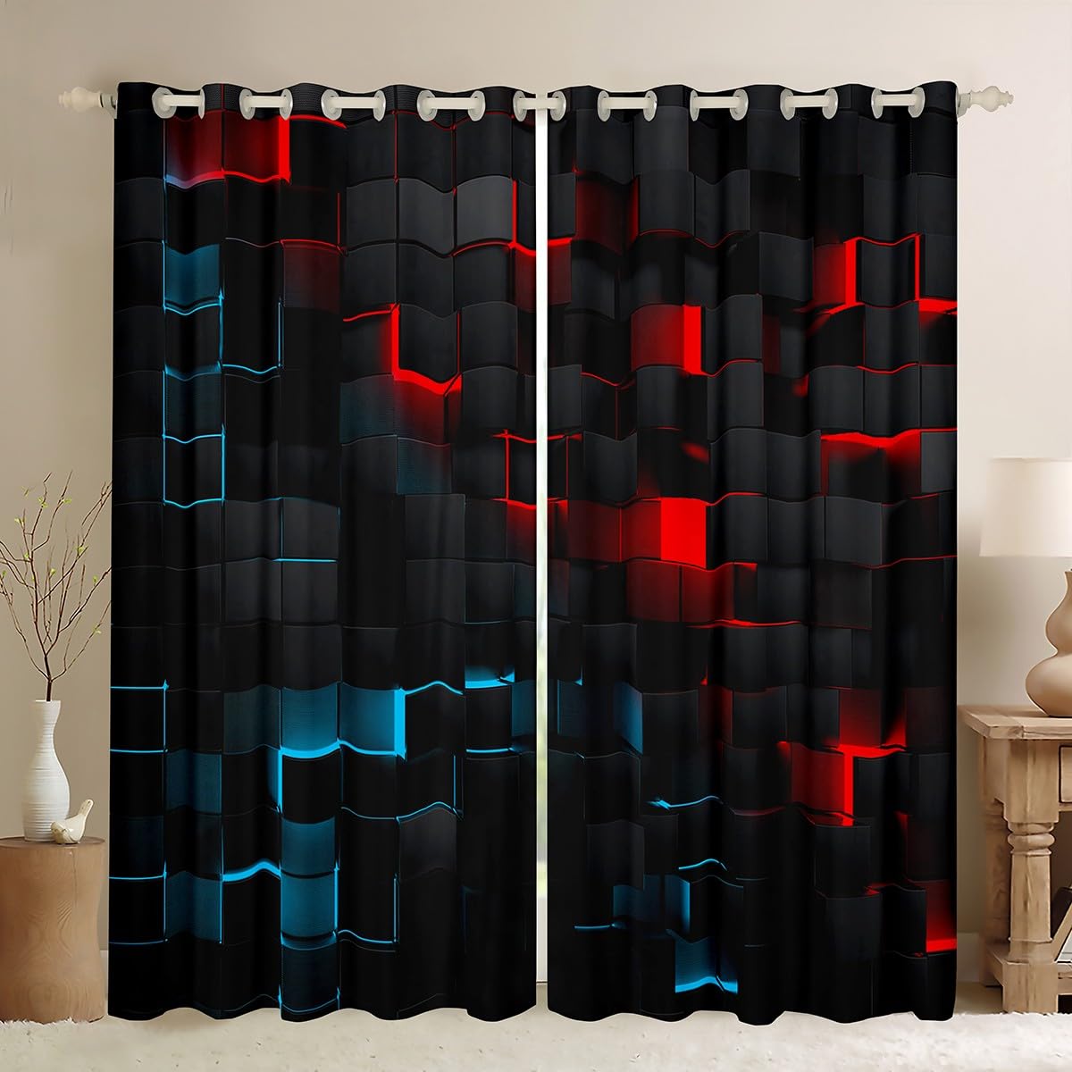 Homewish Geometric Checkered Window Curtains 2 Panel Sets 46 x 54 Inch, Modern Cube Design Blackout Curtains for Bedroom Living Room, Abstract Gradient Red And Blue Window Treatments Drapes