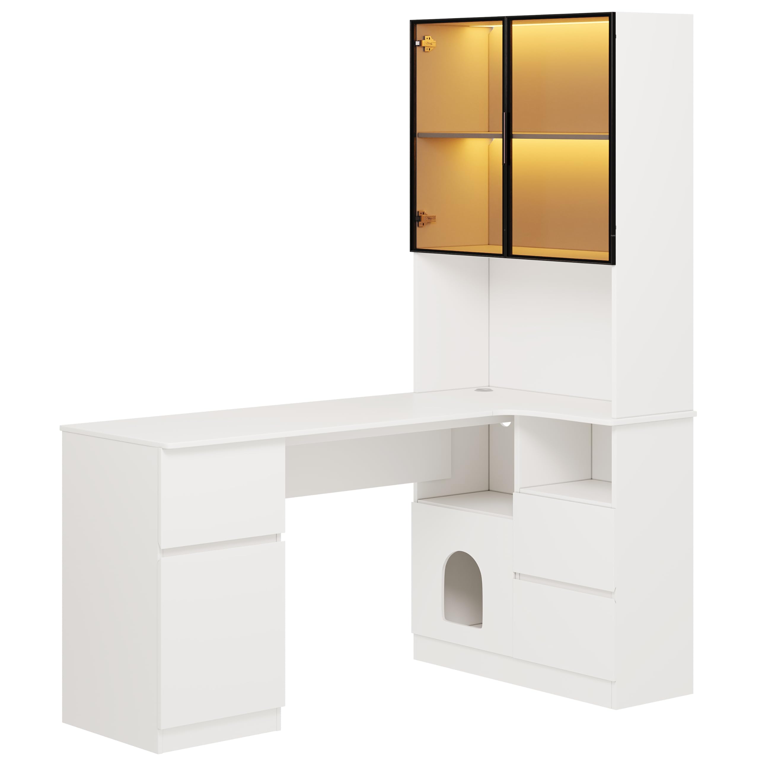 Scrivania angolare con ripiano e vetrina a LED – scrivania con gestione dei cavi, scrivania angolare con libreria integrata (Bianco - Destra, 120×80×180 cm)