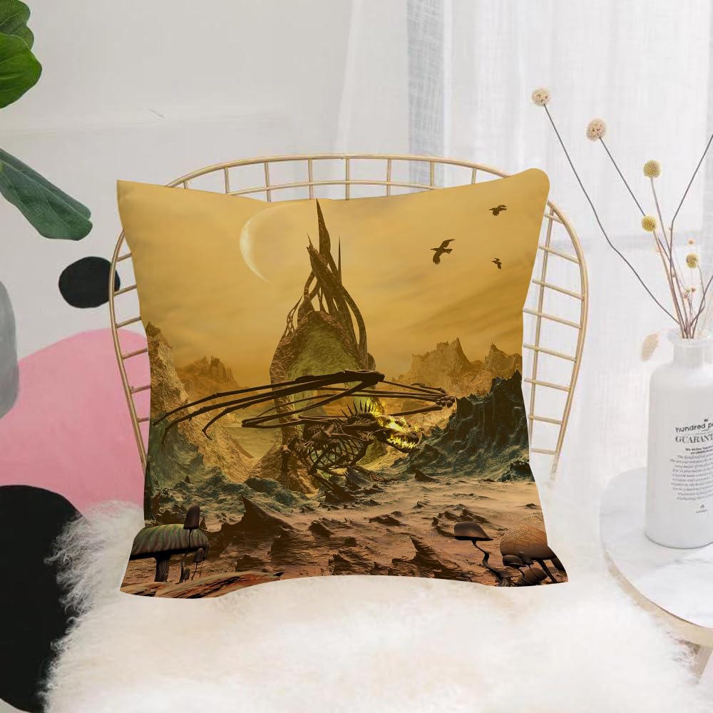 HYMSXW Cushion Cover,Throw Pillow Case Home Decorative for Living Room Bedroom Sofa Chair 20X20 Inch,Dragon bones and skeletal giant beasts under the yellow mist dome, fantasy,Pillowcase 50X50cm