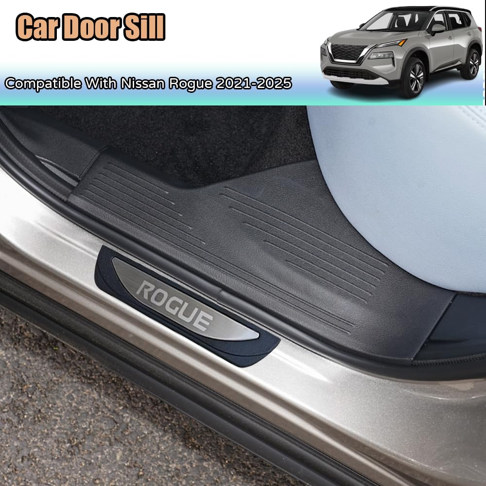 Kakash Custom Interior Accessories for Nissan Rogue 2021 2022 2023 2024 2025 ABS Car Door Sill Trim,4D Door Sill Scuff Plate Door Entry Guard Sticker 4 pieces/set(silver)