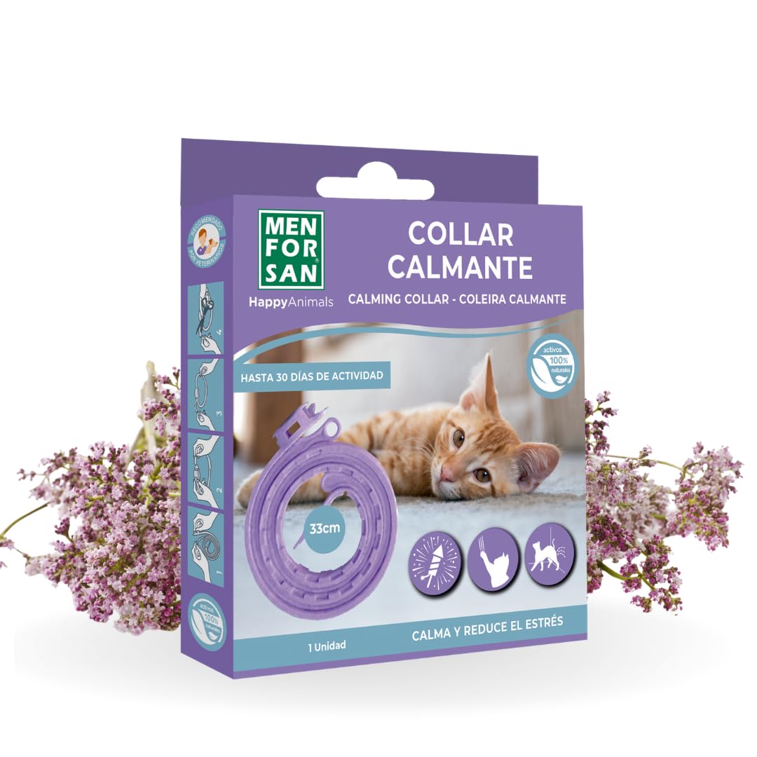 MENFORSAN Collar calmante para Gatos | con Valeriana Natural | Calma y Reduce el Estrés | Efecto 30 días | Largura 33 centímetros Ajustable