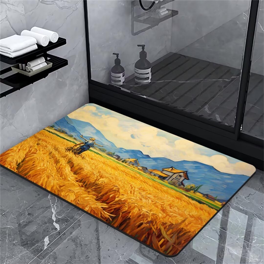 Bathroom Bath Mat Rug Landscape Super Absorbent Non Slip Bath Mats For Bathroom Shower Floor Mat Carpet, Diatomaceous Earth Shower Mat for Shower, Tub, Bathtub, Bedroom, Kitchen, Toilet, Door 24x35in