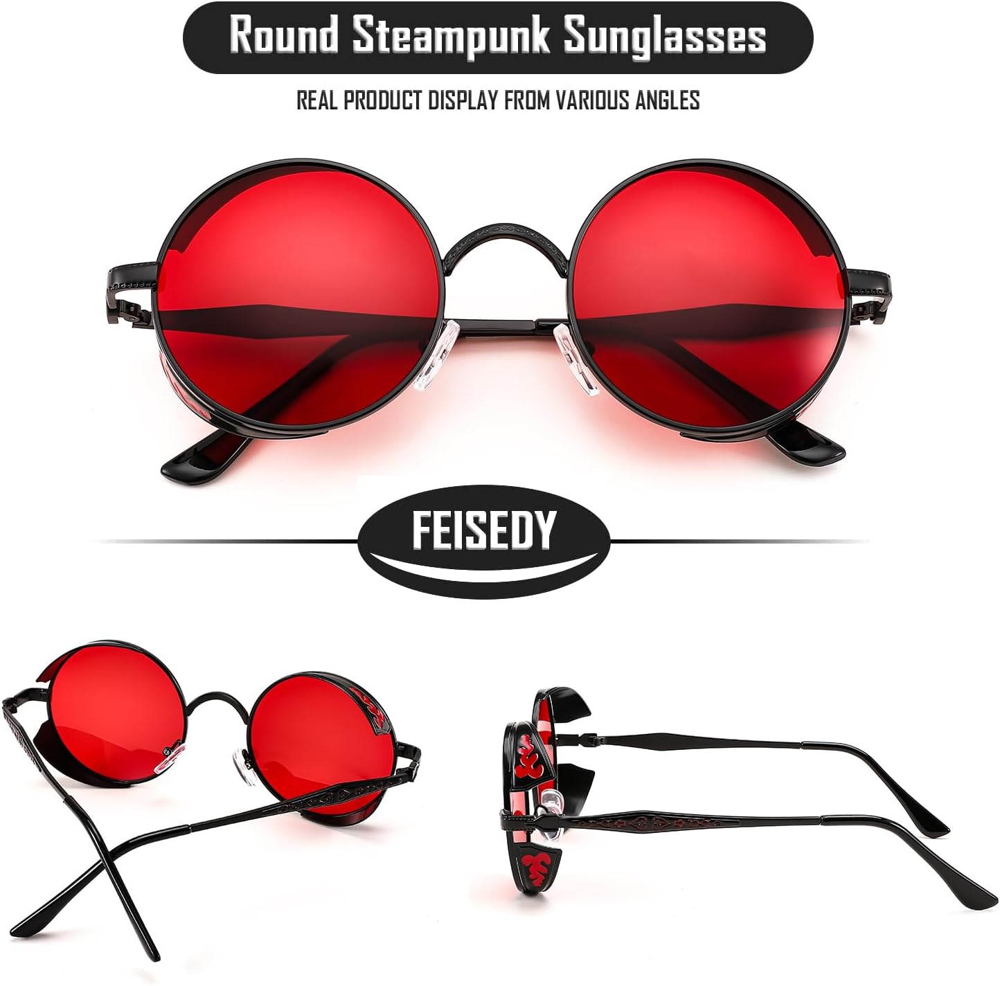 FEISEDY Retro Steampunk Sunglasses for Men Women, Round Metal Frame Gothic Vintage Style B2820