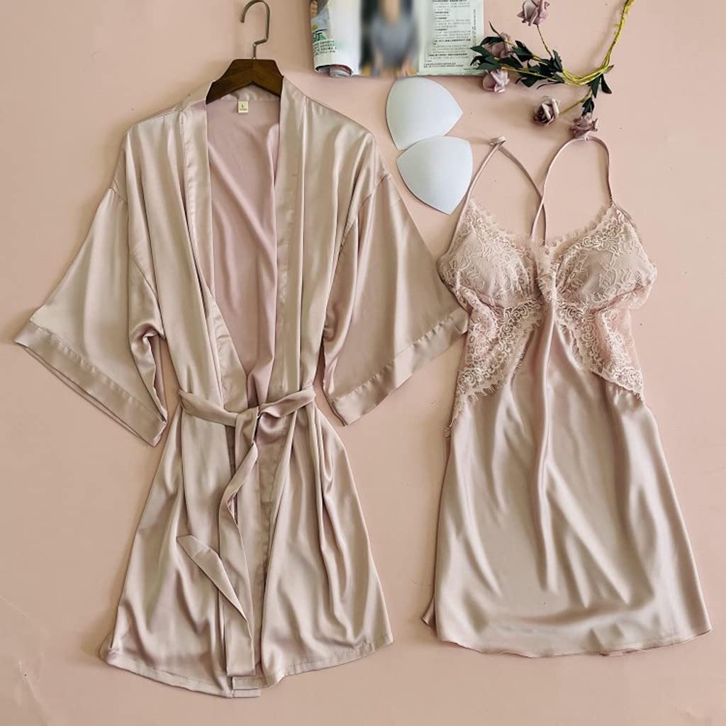 Damska koronkowa bielizna nocna satynowa 2 szt. zestaw szata kimono sukienka seksowna intymna bielizna nocna na co dzień odzież domowa lato nowa odzież domowa (Pink,XL)