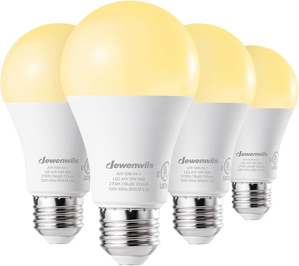DEWENWILS 4-Pack Dimmable LED A19 Light Bulb, 2700K Soft Warm Light Bulb, E26 Medium Screw Base, UL Listed