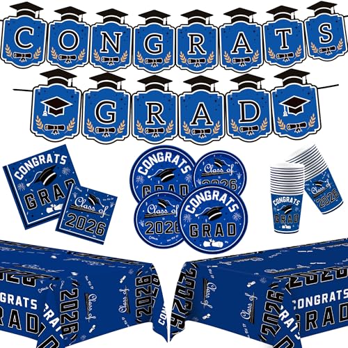 OHOME Graduation Decorations 2026 2027 - Graduation Decorations Class of 2026 - Serve 24 - Blue Plates Tablecloth Napkins Cups Banner - Graduation Party Favors Supplies