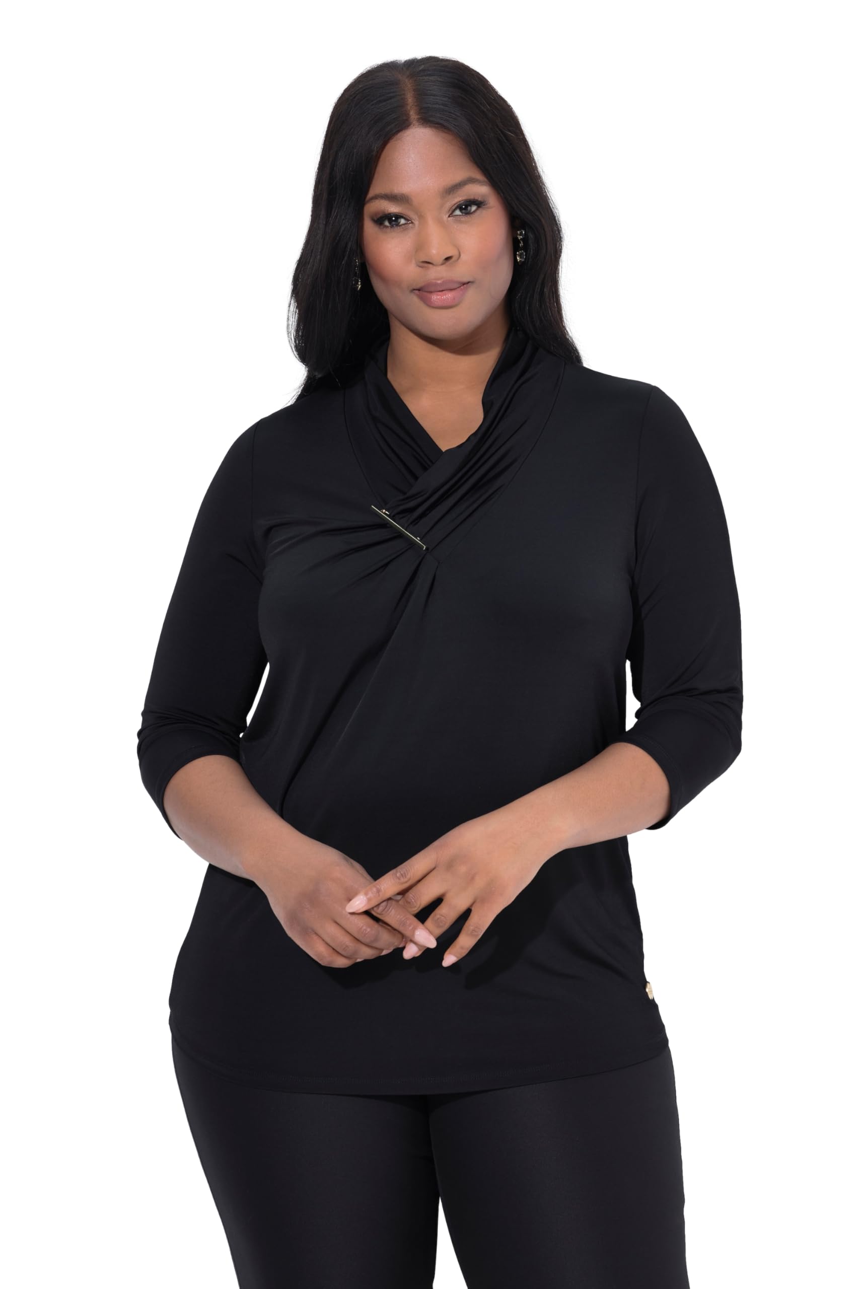 Ulla Popken Damen große Größen Übergrößen Plus Size Slinkyshirt, Wasserfallausschnitt, Zierspange, 3/4-Arm 841597