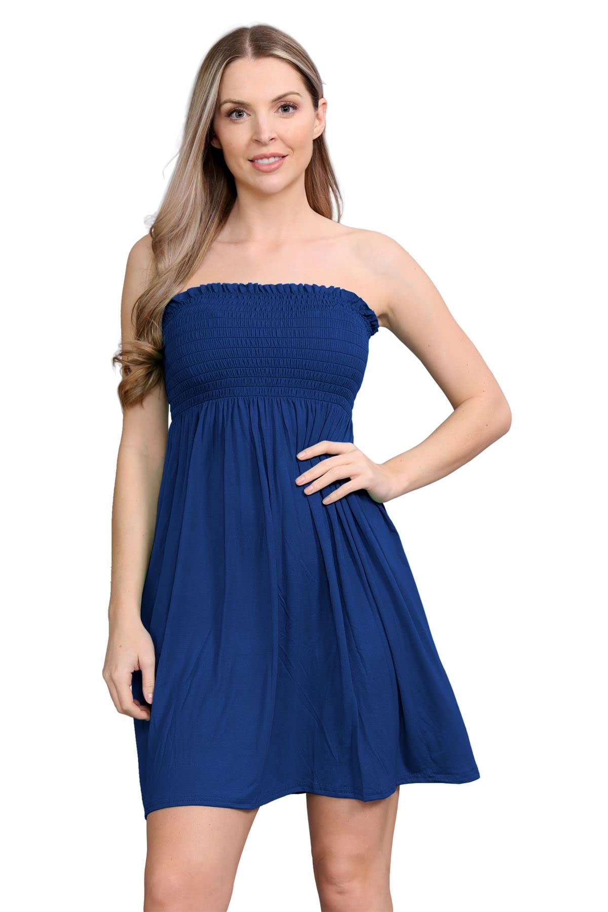 Janisramone Women's Navy Janisramone® Bandeau Dress, Boob Tube Sheering Ruched Flared Mini Dress, Plain Strapless Summer Dresses, Perfect Holiday & Beach Dresses For Uk