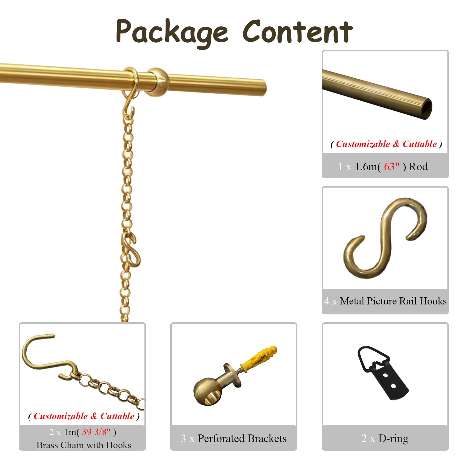 Sistema de latón para colgar cuadros con cadenas de varilla de 1,3 m y ganchos. Kit de exhibición de arte de pared para decoración del hogar, carteles y obras de arte. Fácil instalación y diseño