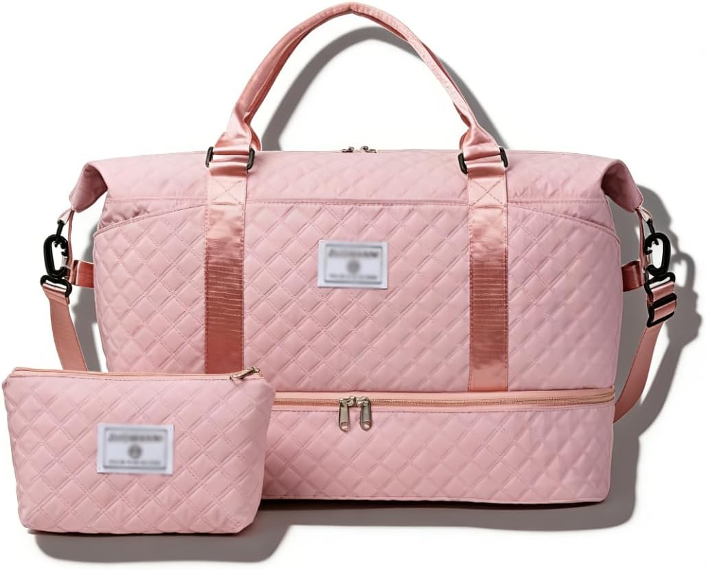 Bolsa de viaje de gran capacidad, bolsa de fin de semana con compartimento para zapatos, bolsa para llevar durante la noche con bolsa de artículos de tocador, bolsa de lona para gimnasio con bolsillo húmedo, bolsas de hospital para trabajo de parto y parto (rosa)