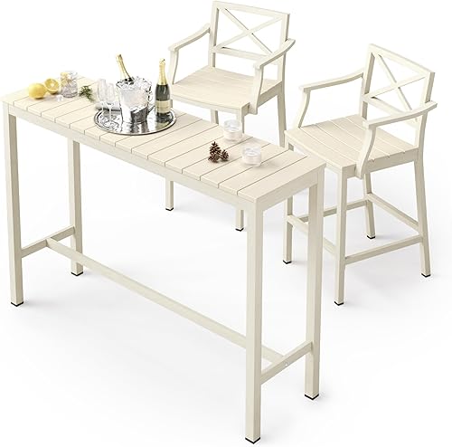 Miniatura 23 de Juego de mesa y sillas de altura de barra para exteriores, 3 piezas con parte superior negra y patas de bronce para patio, con mesa superior alta