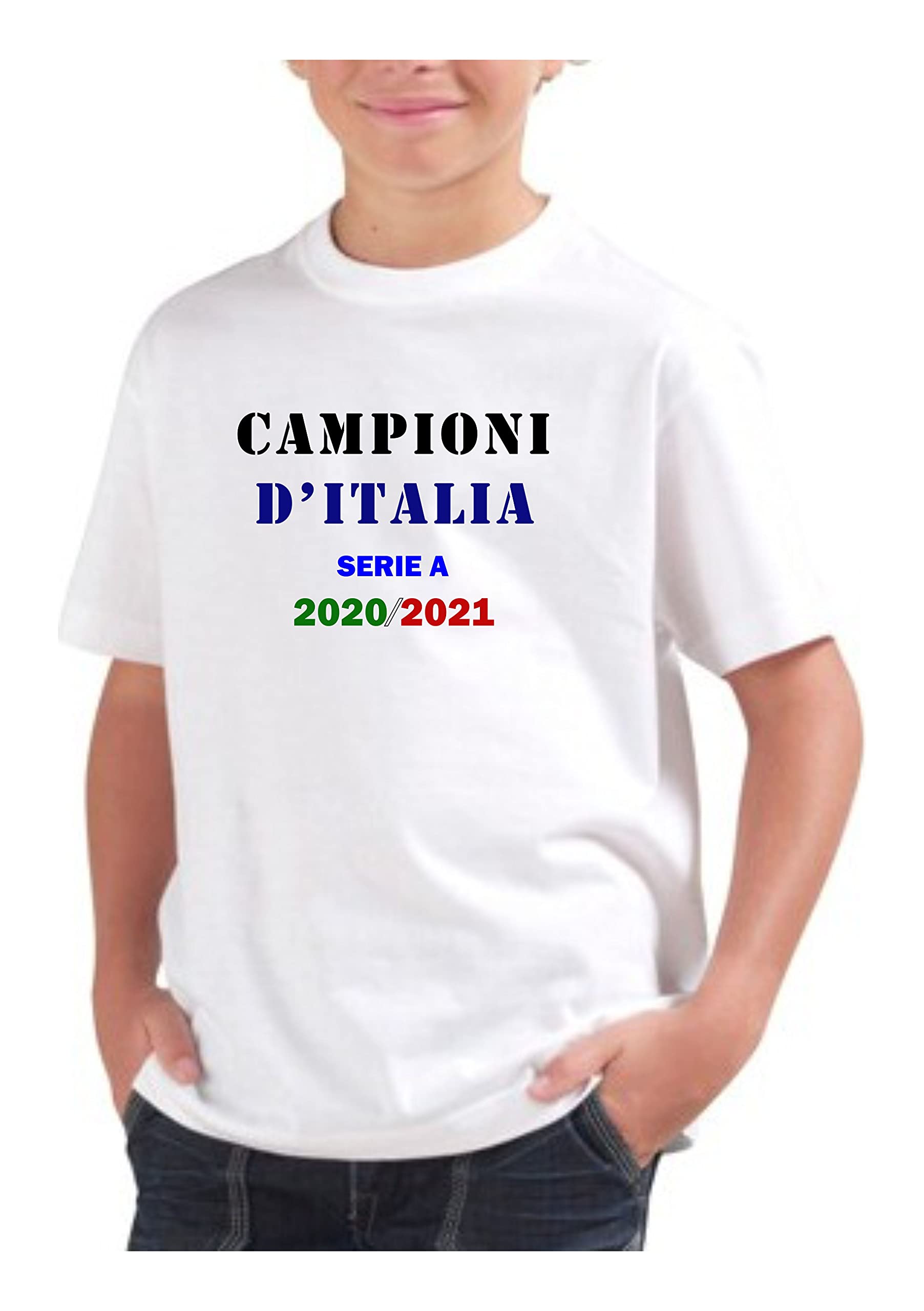 T-Shirt Bambino Ragazzo Cotone Basic Super vestibilità Top qualità - Campioni d'Italia novità Fashion Divertenti Humor Youtuber Made in Italy (Bianco, 3-4 Anni
