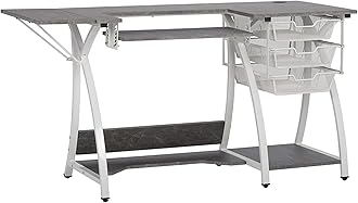 Sew Ready Pro Stitch Sewing Machine Table with Wire Mesh Drawers, Desk for Hobby, Craft Table and Computer Desk, Home Office in White /Cement Gray 13382, 56.75" W