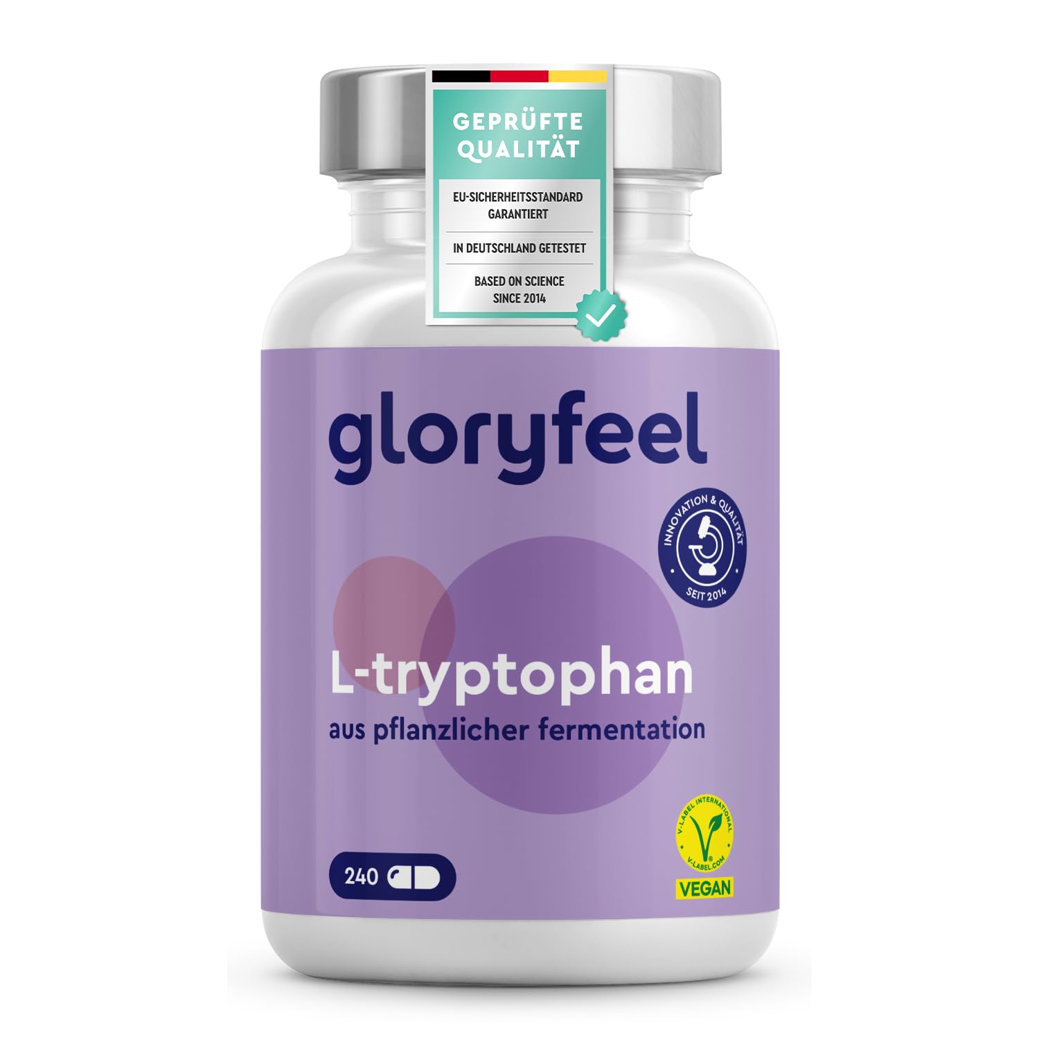 Gloryfeel L-Tryptophan Hochdosiert 500 mg | Vegane Kapseln, 240 Stück, 8 Monate Vorrat