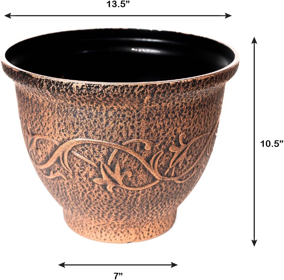 Vine Pattern Greek Style, Set of 2 Rustic Plastics Planters and 2 Matching Saucers (4 Pieces) for Indoor, Outdoor, Garden, Patio, Office, Home Décor, Long Lasting Reusable, Lightweight (Copper Large)