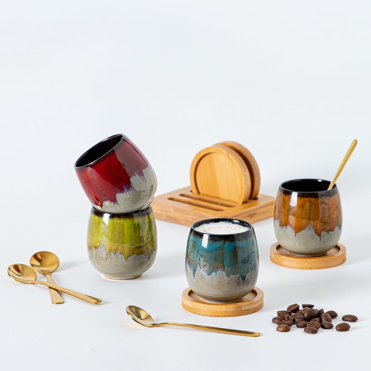 Hand-painted Ceramic Espresso Cup with Bamboo Tray holder and Spoons Set of 4, 2.7 Oz 80ml Kung Fu Tea Set,Demitasse cup,Tazas de Cafe, Yerba Mate Cup,Korean soju(4 Colors Mix)