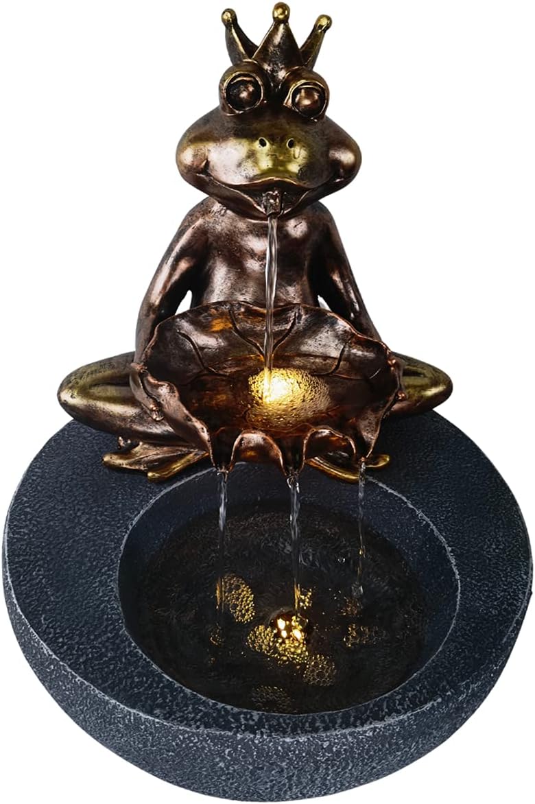 OUTOUR Waterfall Fountain 14.3''Lx14.3''Wx17.5''H 2 Tiers Frog with Crown Animal Statue Garden Decor Outdoor Waterfall Floor Fountain Sculpture LED Lights Bronze : Patio, Lawn & Garden