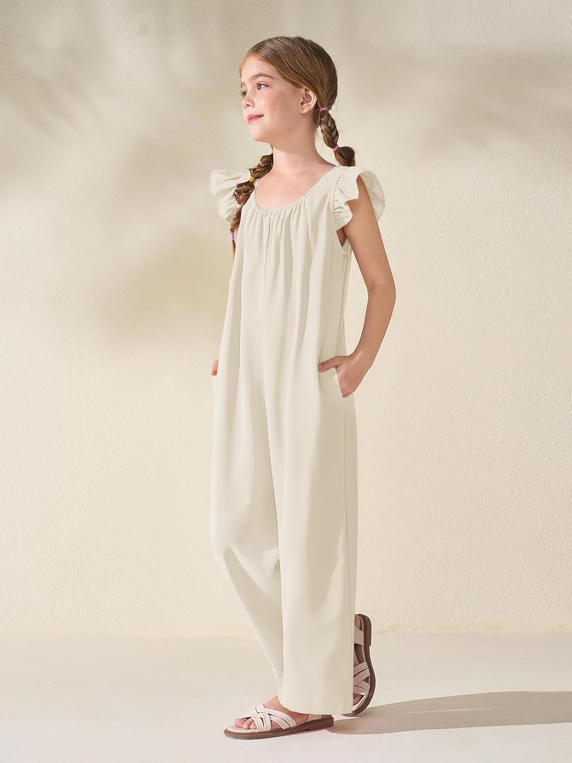 Haloumoning Girls Wide Leg Loose Jumpsuit Kids Casual Ruffle Sleeve Round Neck Romper with Pockets 5-14 Years - Image 4