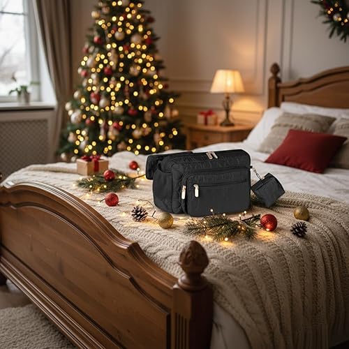 Miniatura 6 de Rexmore Riñonera para pañales con cambiador portátil, cintura cruzada ajustable para mujer, Negro, Bolsa de pañales pequeña de moda