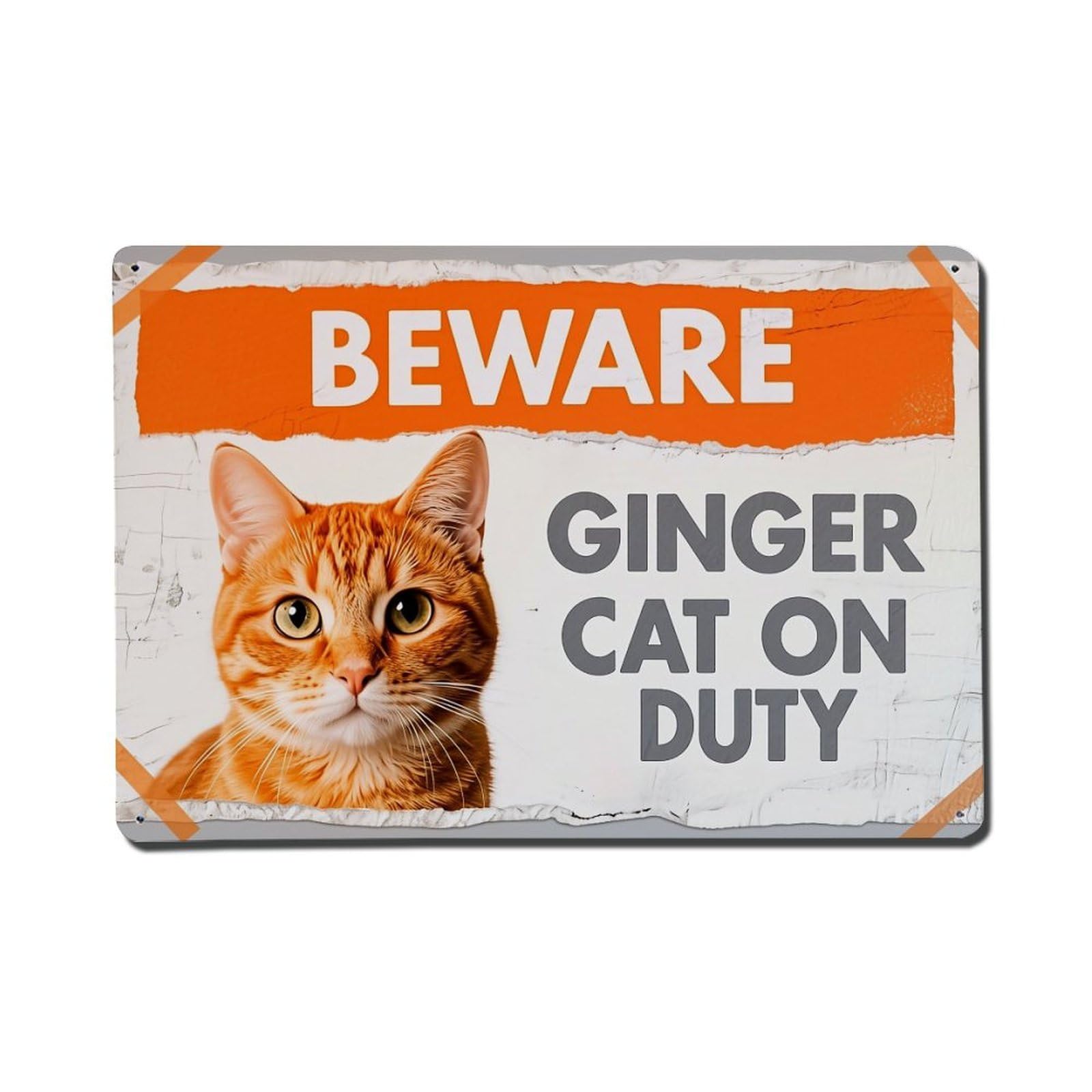 Beware Ginger Cat On Duty Metal Tin Sign Plaque