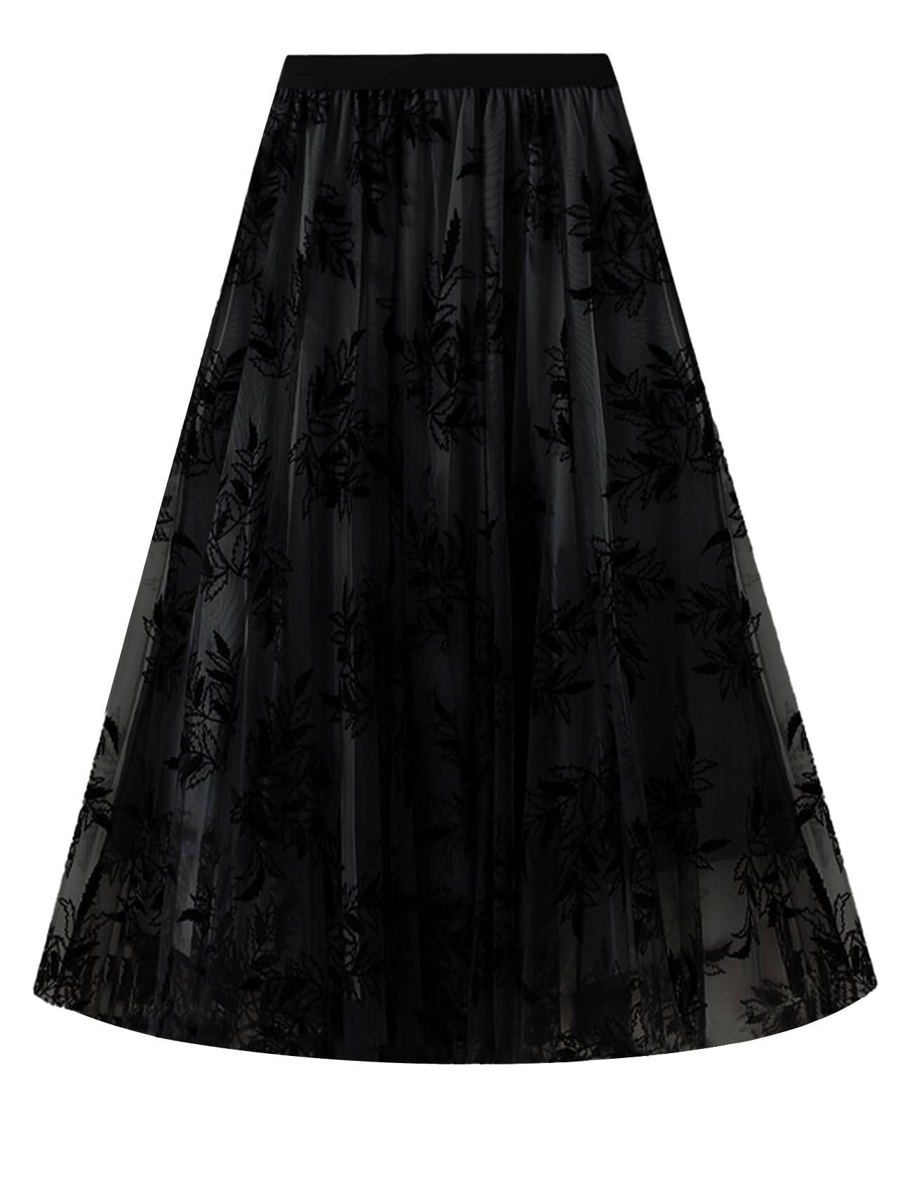 Flygo Womens Midi Long Tulle Skirts Dressy Casual Elegant A-Line Elastic Waist Foliage Embroidery Mesh Skirt