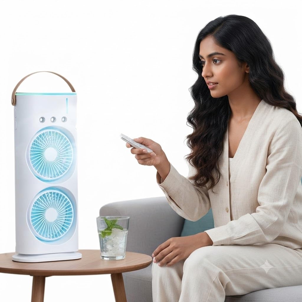 Drumstone Genz Luxurious 5 Years Warranty 4000mAh Double Mist Spray Fan, Rechargeable USB-C Personal Air Cooler with 280ml Water Tank, 3-Speed Cooling, Mist Modes, Remote Control & 7-Color LED Light-image-19