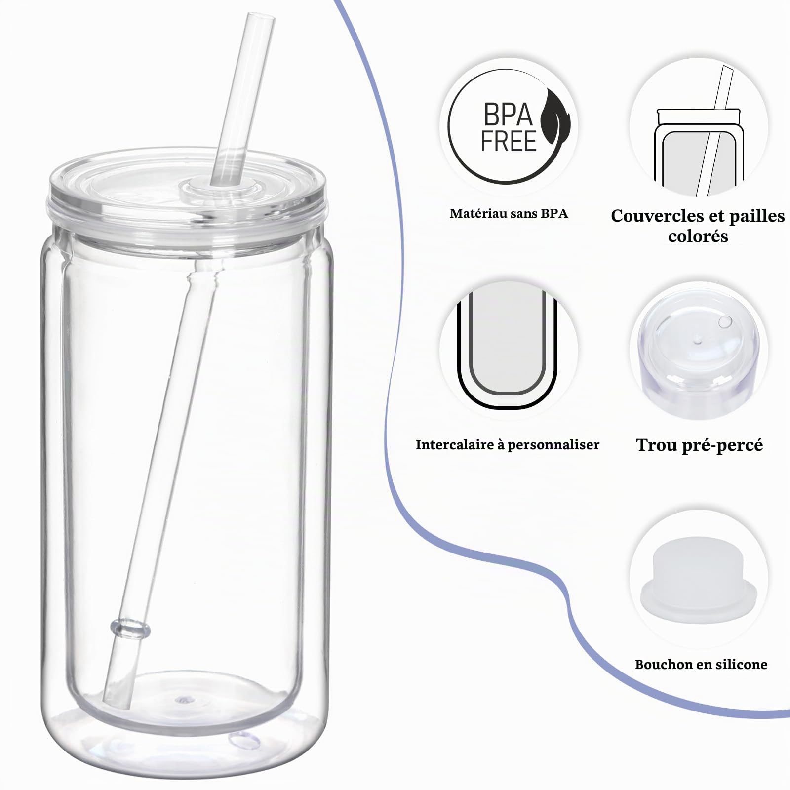 Lot de 12 gobelets en plastique à double paroi avec couvercle et paille - Boule à neige à paillettes - 473 ml - Transparent