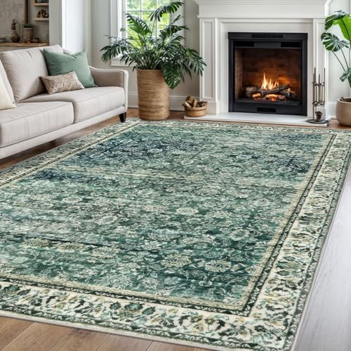 Green Blue 6x9 Area Rug for Living Room, Large Washable Bedroom Rugs, Soft Vintage Floral Non-Slip Non-Shedding Traditional Farmhouse Carpet for Nursery, Dining Room, Playroom