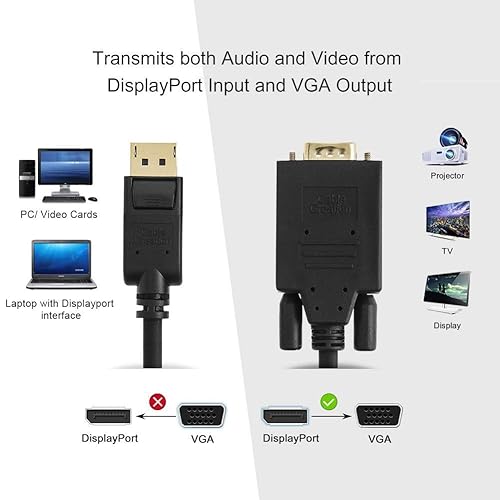 Vista 21 de CableCreation Cable DP a VGA de 6 pies, negro, soporta 1080P a 60Hz, conecta dispositivos DisplayPort a monitores, pantallas o proyectores VGA