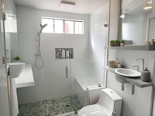 Miniatura 5 de Hominter Mosaico de porcelana de guijarros brillante mezclado con aguamarina, crema y café esmaltado azulejos de cerámica para baño, suelo de ducha,